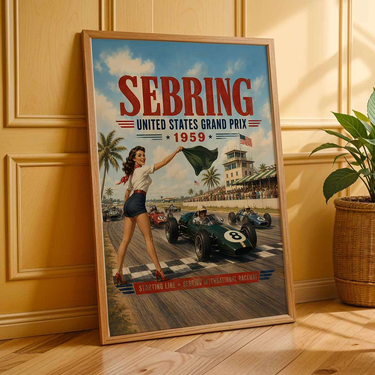 Vintage illustration of Italy Grand Prix Fans presented through racing lines with dramatic circuit energy inspired by sebring 1959 formula 1 grand prix