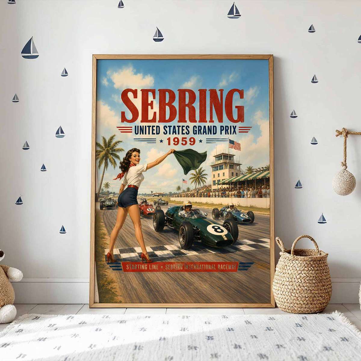 Vintage Italy Grand Prix Fans wall art featuring high-speed motion and track atmosphere inspired by sebring 1959 formula 1 grand prix