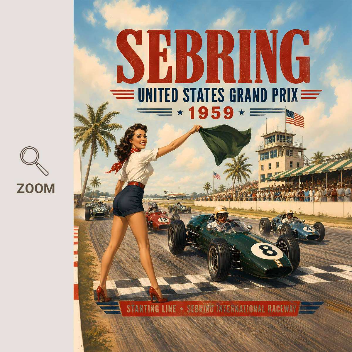 Italy Grand Prix Fans wall art combining high-speed motion and track atmosphere inspired by sebring 1959 formula 1 grand prix in a dramatic composition