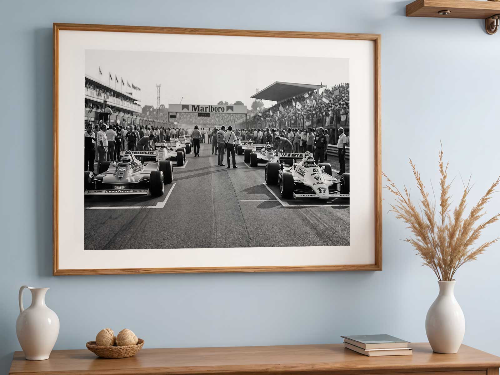 Vintage 1980s style poster of the Jarama circuit grandstand with warm patina and aged paper texture