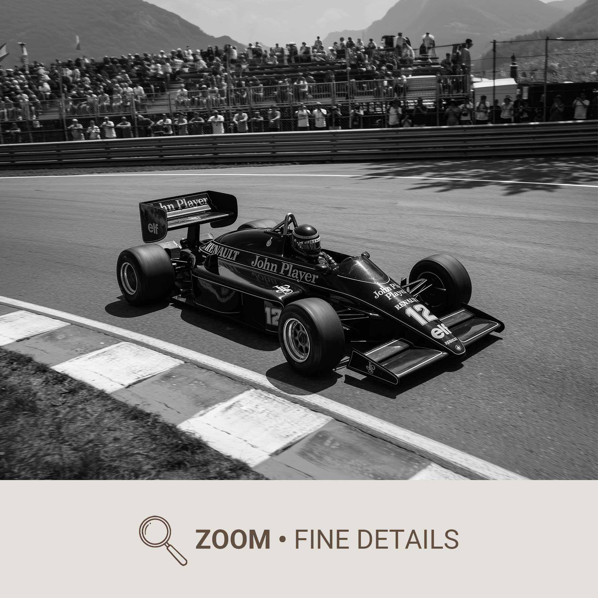 Tight crop of a Lotus F1 car focusing on cockpit, nose, and wheel to show compositional framing techniques