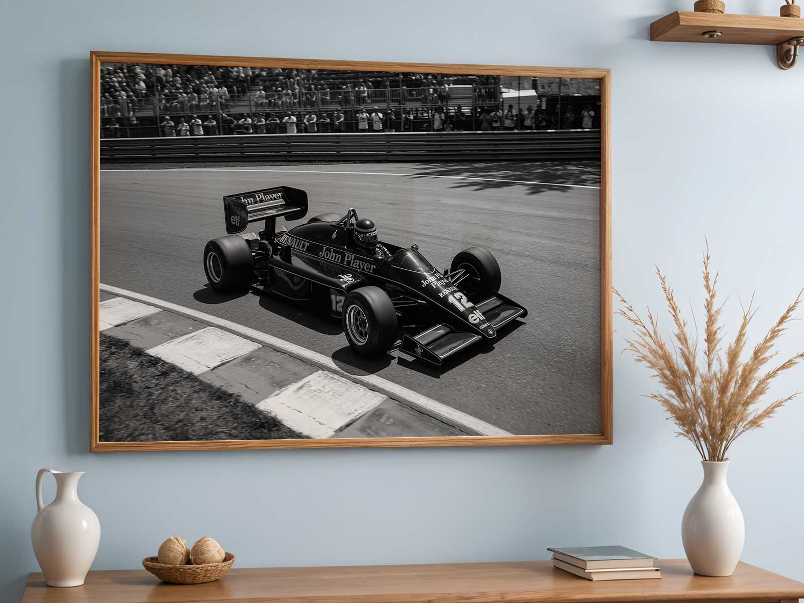 Lotus F1 car rendered with strong contrast of light and shadow to define contours and depth
