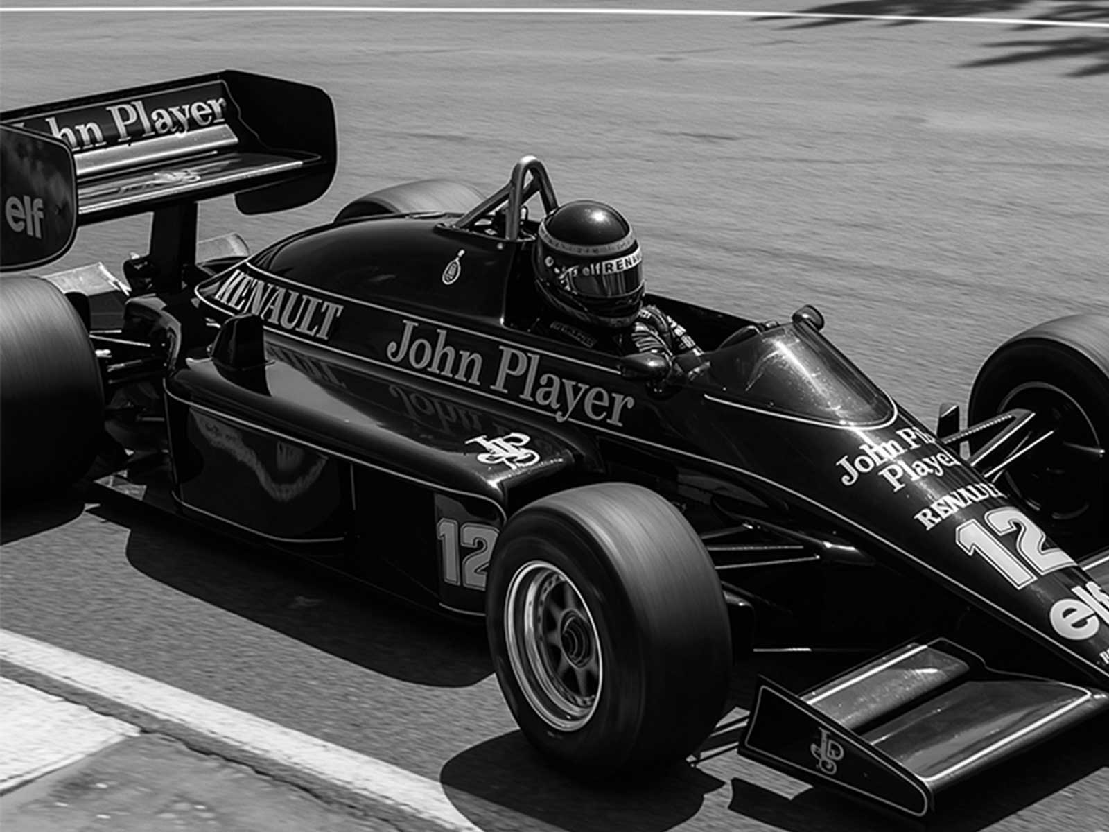 Minimalist graphic poster of a Lotus F1 car reduced to essential lines and color blocks to emphasize silhouette