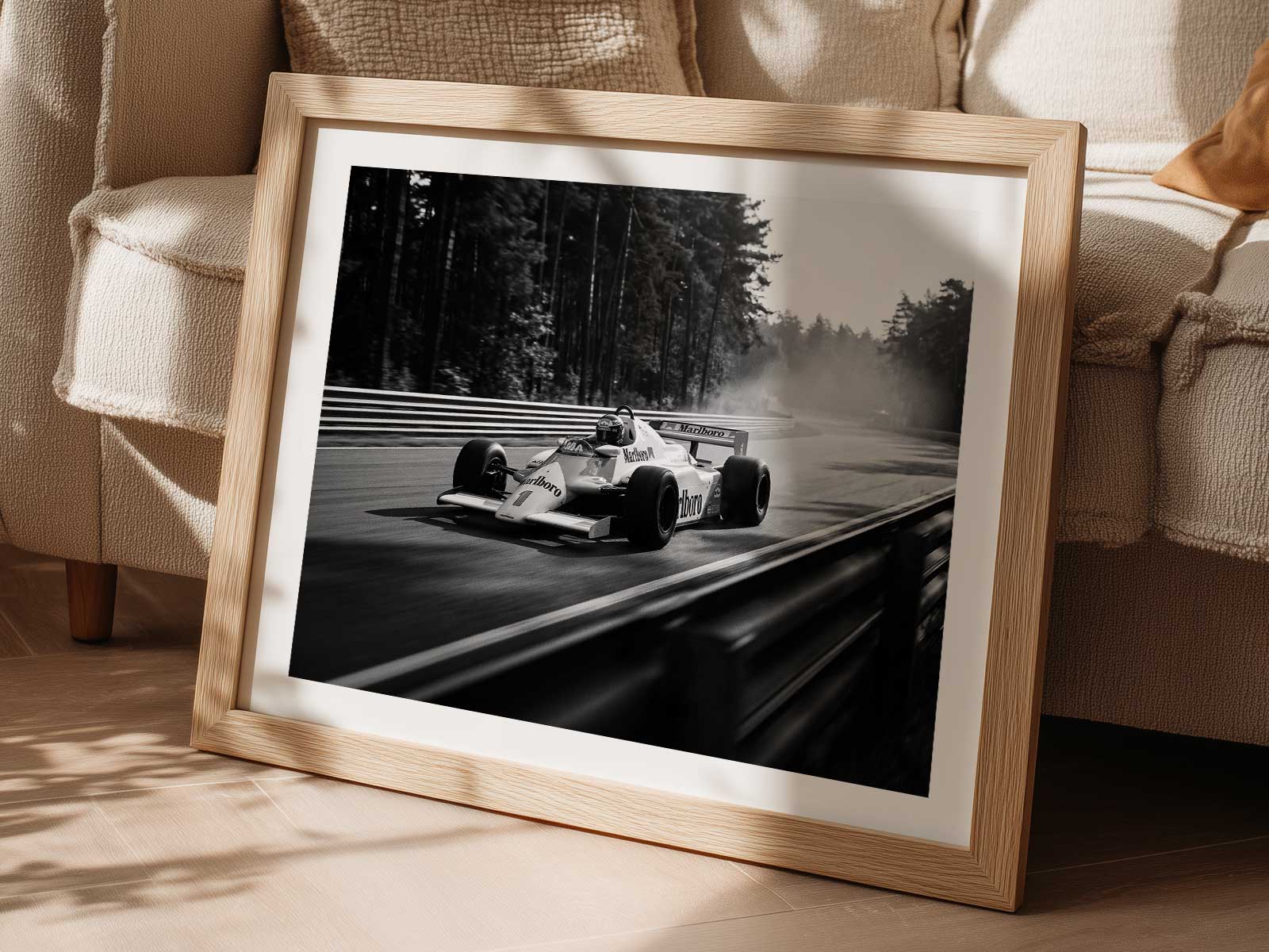 McLaren F1 racing car in a three-quarter front view rendered with grainy 1980s film texture and warm sun-faded tones