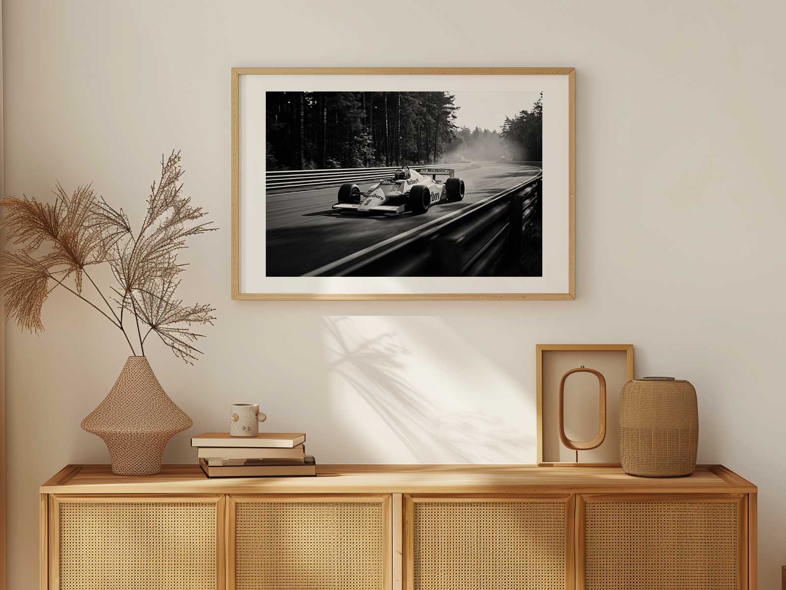 McLaren F1 in motion with vintage-style sweep and motion blur, layered grain, and a faded color wash that suggests…