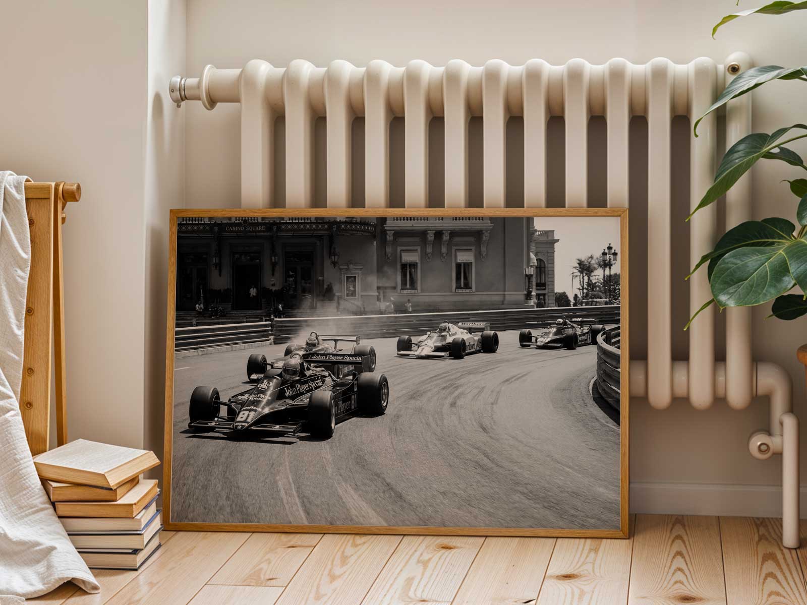 Vintage-style poster of Monaco street circuit with 1980s graphic treatment, muted colors and film grain evoking historical…