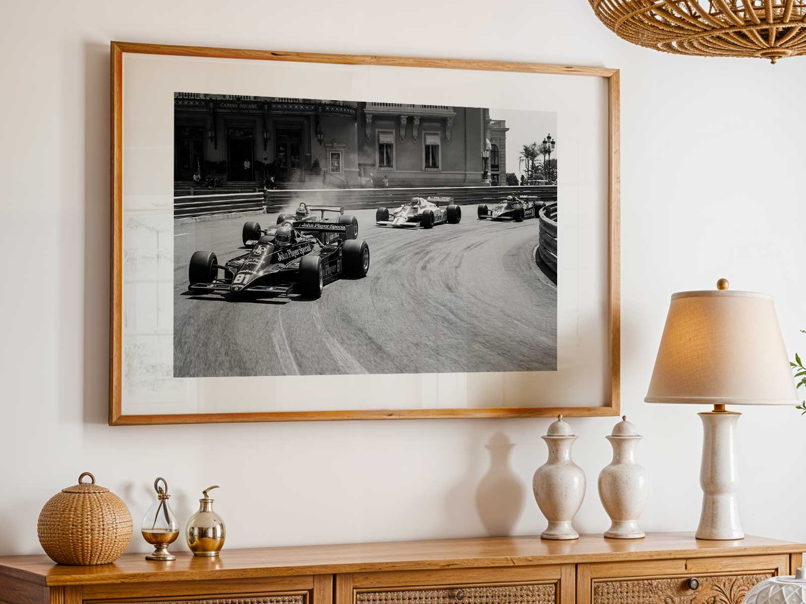 Poster of Monte Carlo grandstands and spectators in retro color blocks, faded edges and layered typography to suggest…