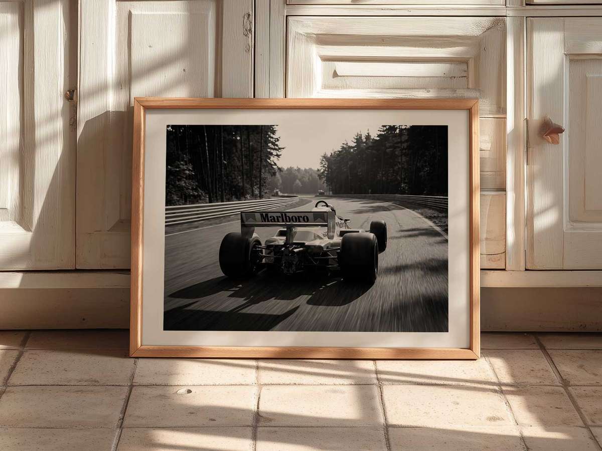 Montreal F1 Race composition styled as wall art and featuring mechanical detail and competitive motion inspired by why a mclaren 80s image works as premium
