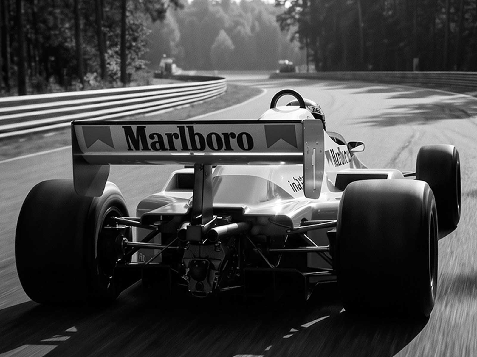McLaren 1980s livery leaning into a tight Montreal corner, tire smoke and precise racing lines visible