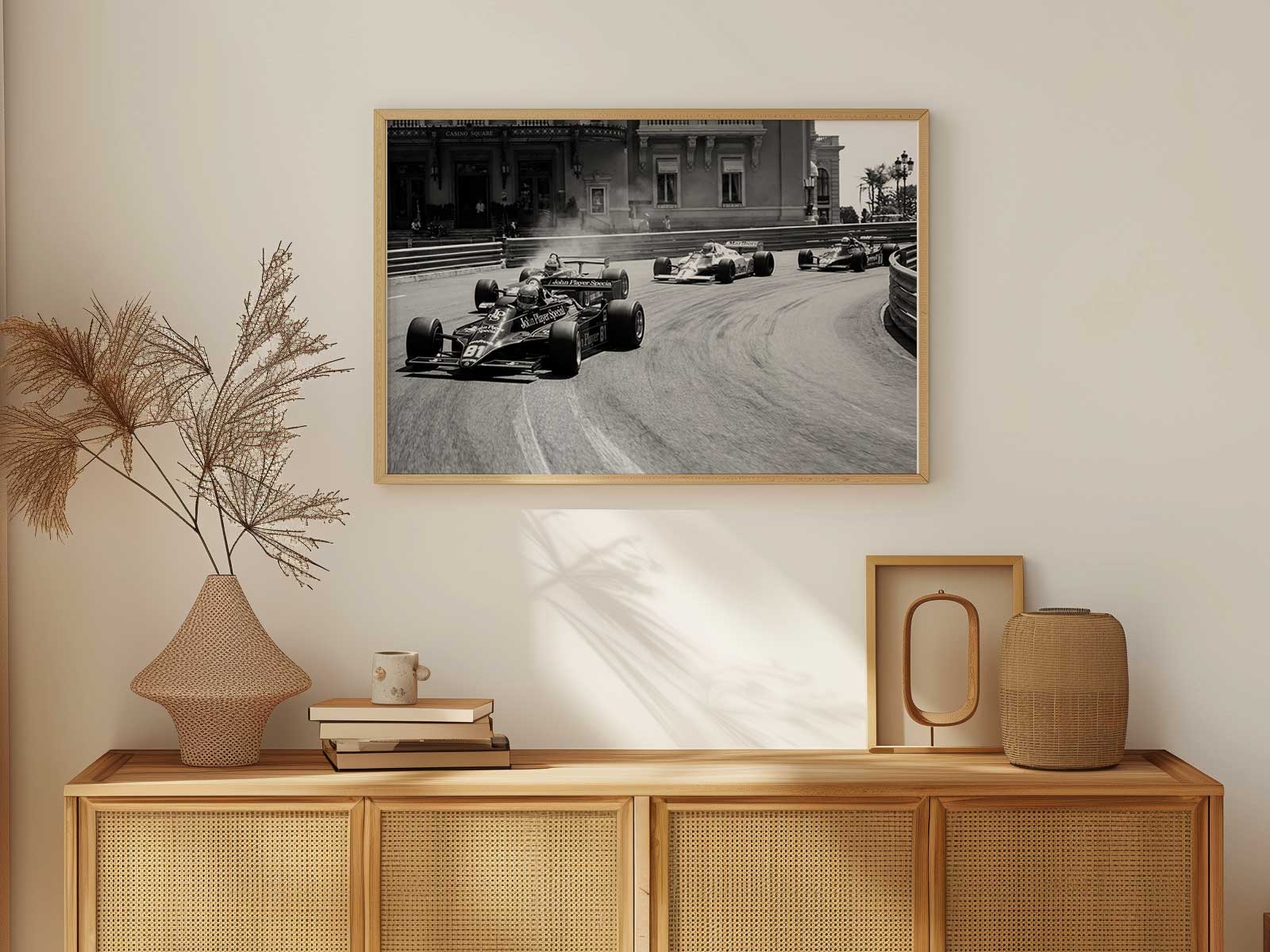 1980s-style illustration of a pit lane crew at work, grainy halftone print and sepia tones suggesting archival depth