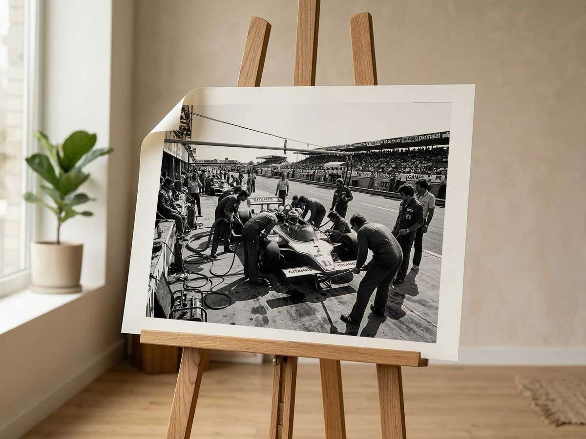 Pit‑Stop Poise wall art showcasing race action framed by a bold circuit atmosphere inspired by why a formula one of a pit stop works as premium and a energetic visual character