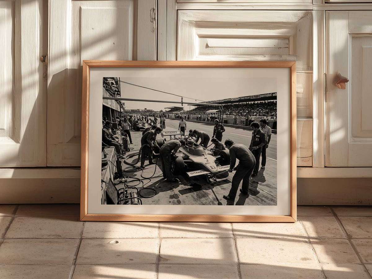 Pit‑Stop Poise composition styled as wall art and featuring racing lines with dramatic circuit energy