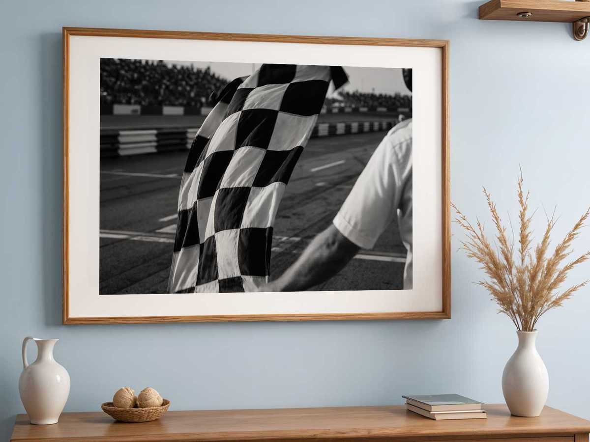 High-detail poster of a pit stop in progress, mechanics in motion and a blurred car ready to accelerate away
