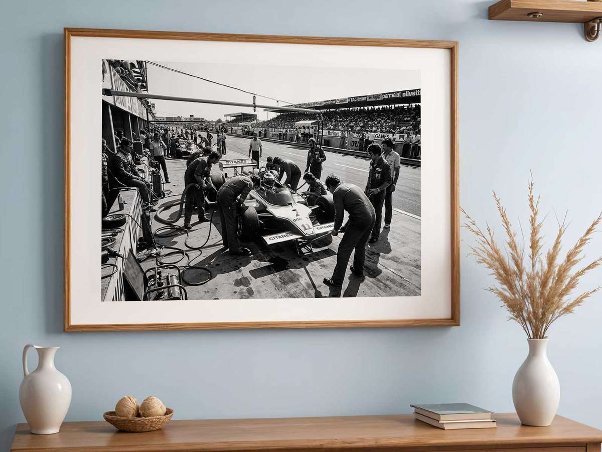 Gallery-style Pit Stop Tension artwork with refined details for garage decor