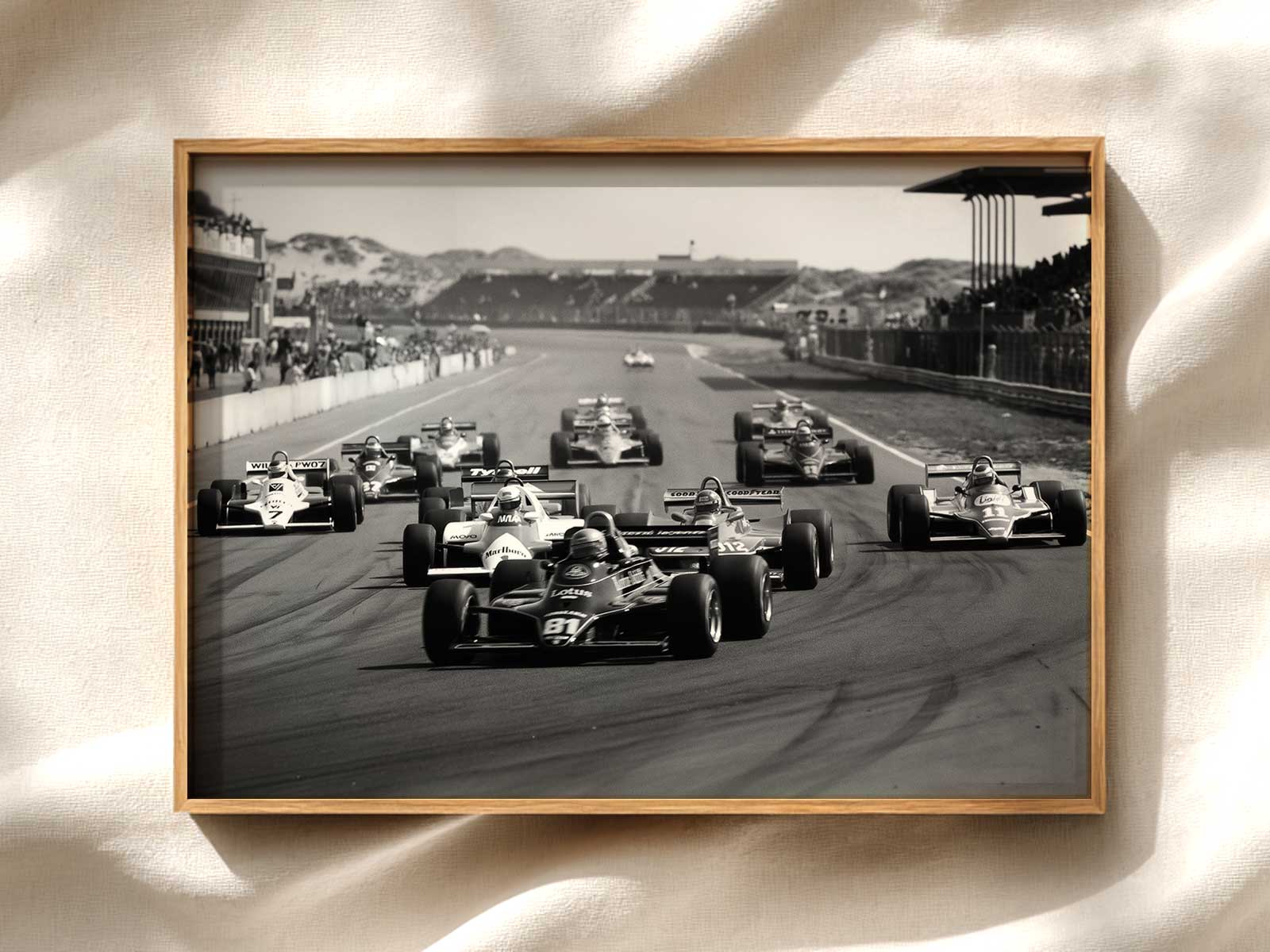 Premium wall art poster showing dramatic racing tension with cars framed by architectural edges, cinematic lighting and…