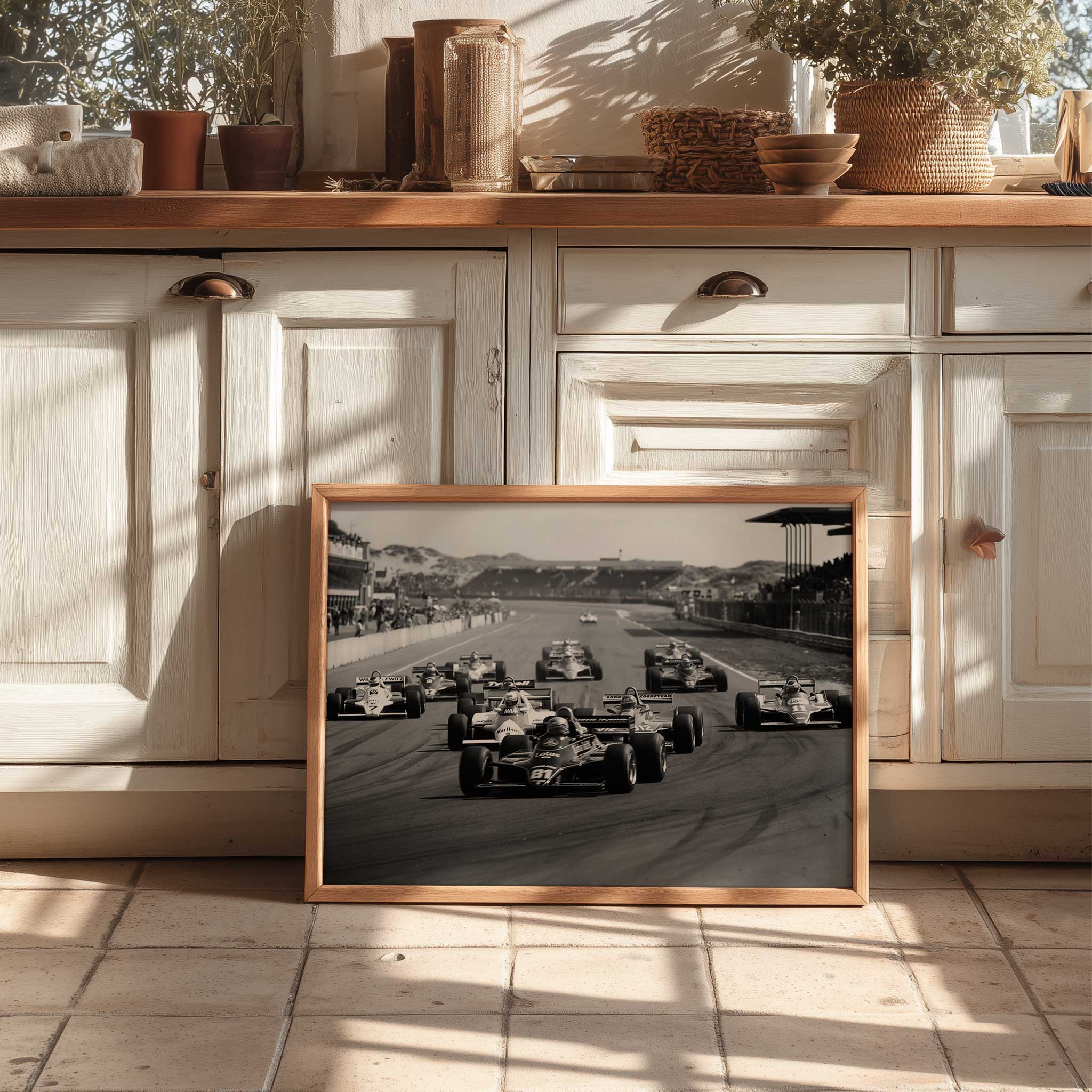 Graphic silhouettes of F1 cars layered to emphasize team identity and motion, minimalist color palette for a premium…