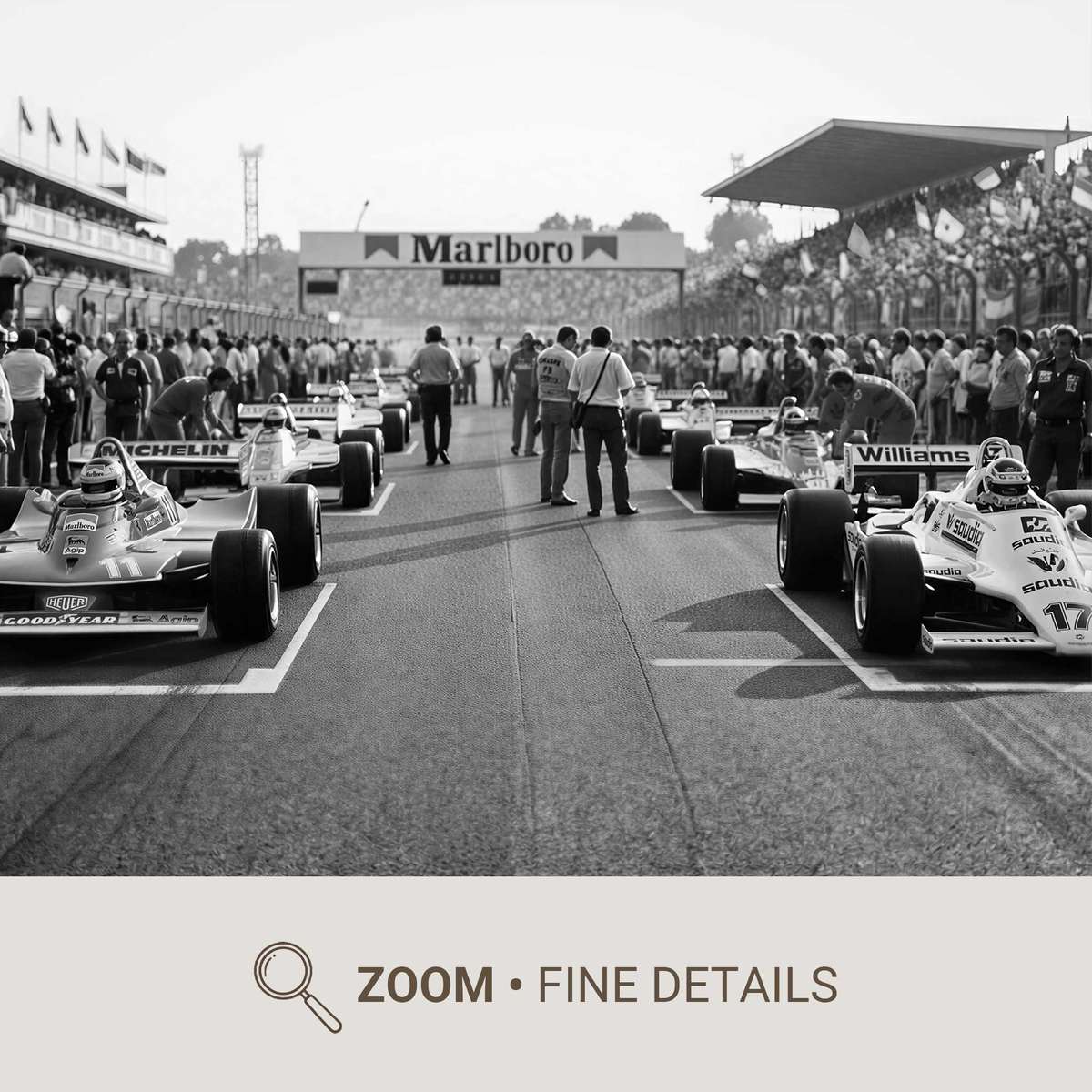 Graphic-focused depiction of racing lines interwoven with a dense starting grid at Suzuka, highlighting compositional rhythm