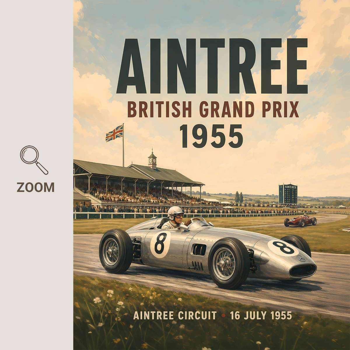 Retro Formula 1 shown in a retro composition showcasing cornering action and dynamic race-day character inspired by 6 vintage racing wall arts