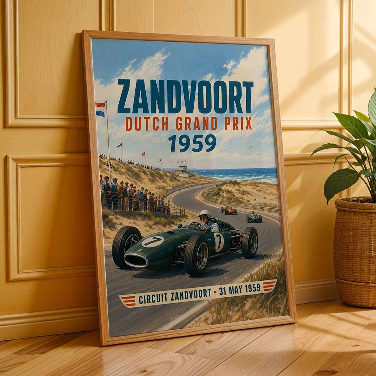 Retro Formula 1 composition styled as wall art and featuring mechanical detail and competitive motion inspired by 6 vintage racing wall arts