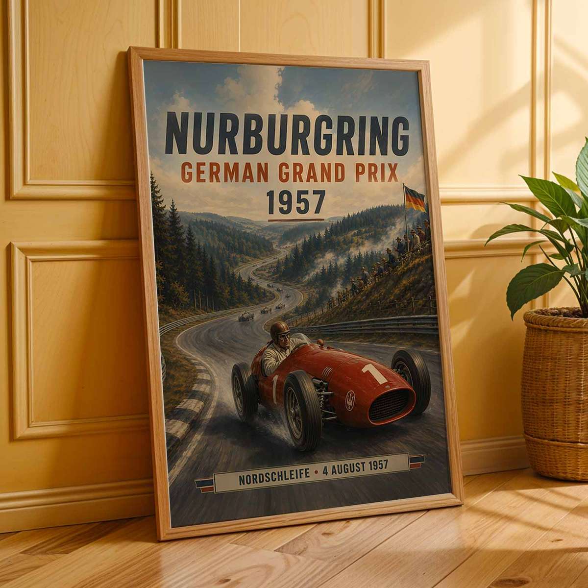 Vintage Formula One Nurburgring painting featuring speed-focused composition with trackside detail