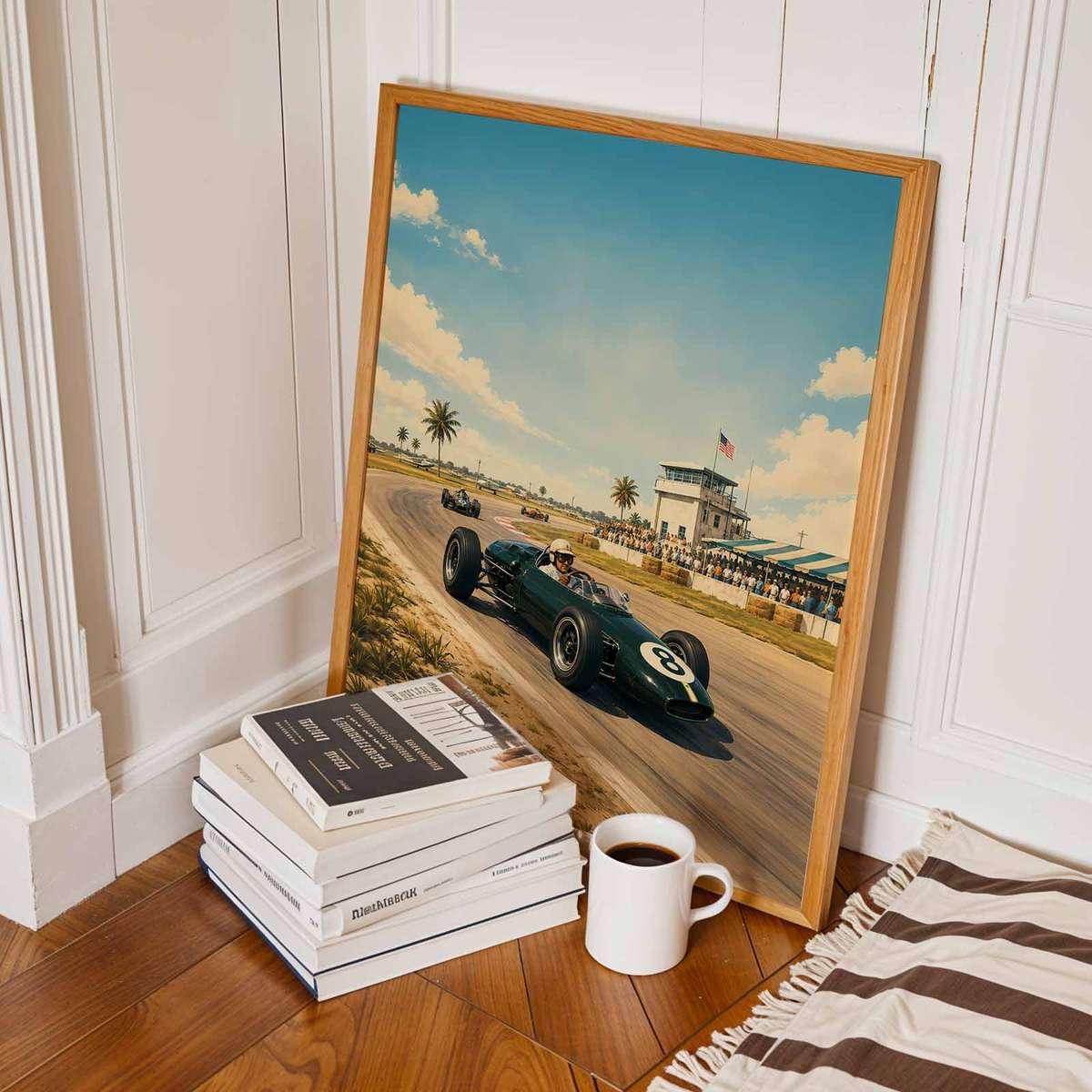 Retro USA Grandprix painting featuring racing lines with dramatic circuit energy