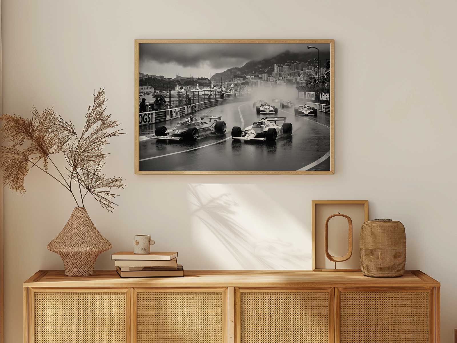 Wide-angle retro poster of a Formula 1 grid under heavy rain, cars cutting through spray with blurred stands in the…
