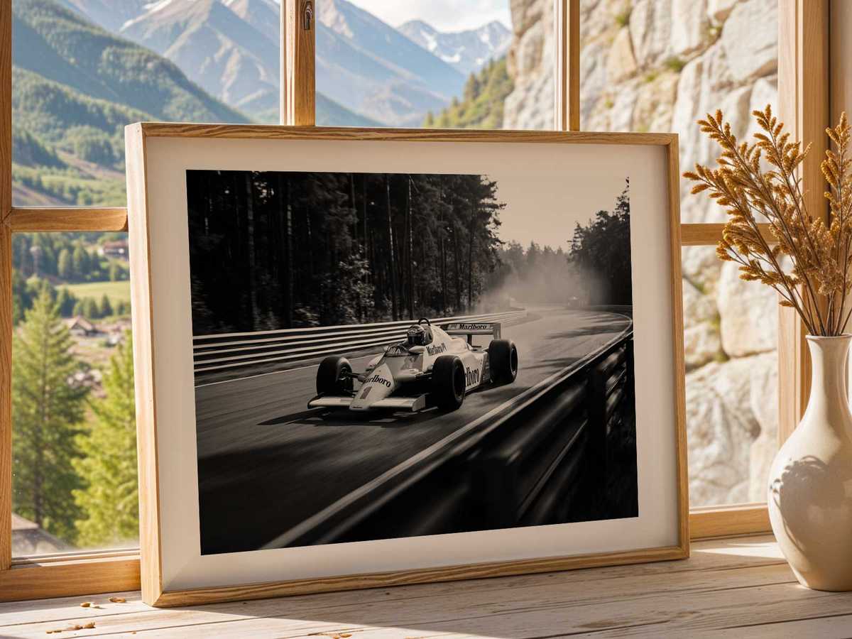 Horizontal motion-strip poster showing a McLaren 80s car in sequential frames across São Paulo track, conveying speed and…