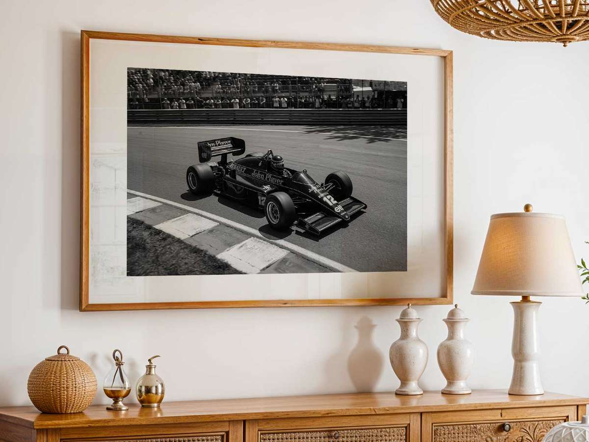 Artistic view of Saudi Grand Prix showing cornering action and dynamic race-day character for gallery wall decor