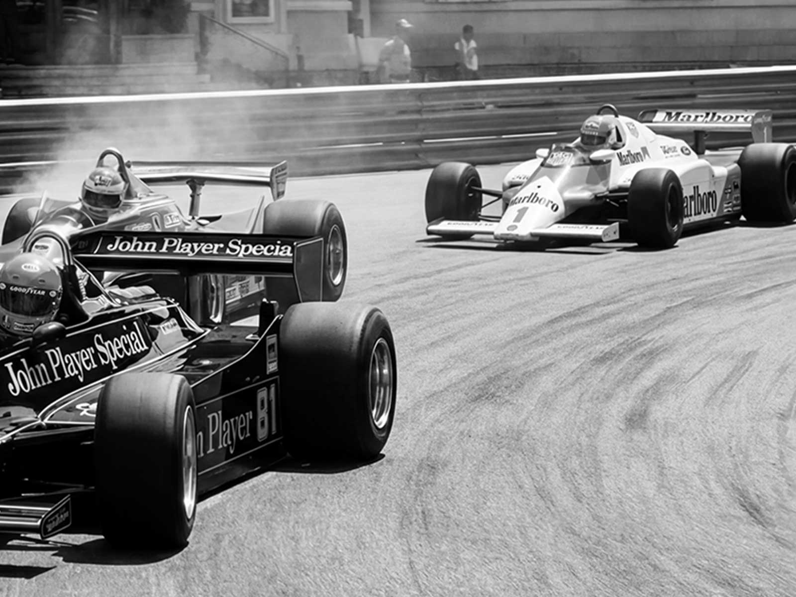 Silhouette of a Formula 1 car on a curbing inspired by Senna-era geometry, rendered with retro gradients and aged paper…