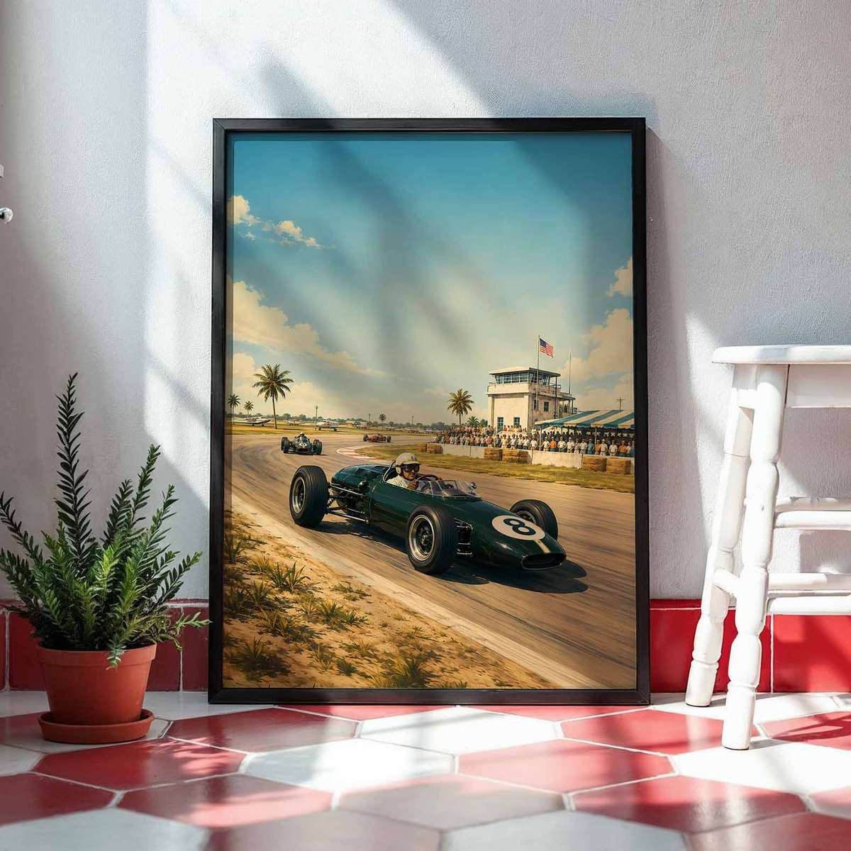 Gallery-style F1 Retro artwork with retro details for office decor