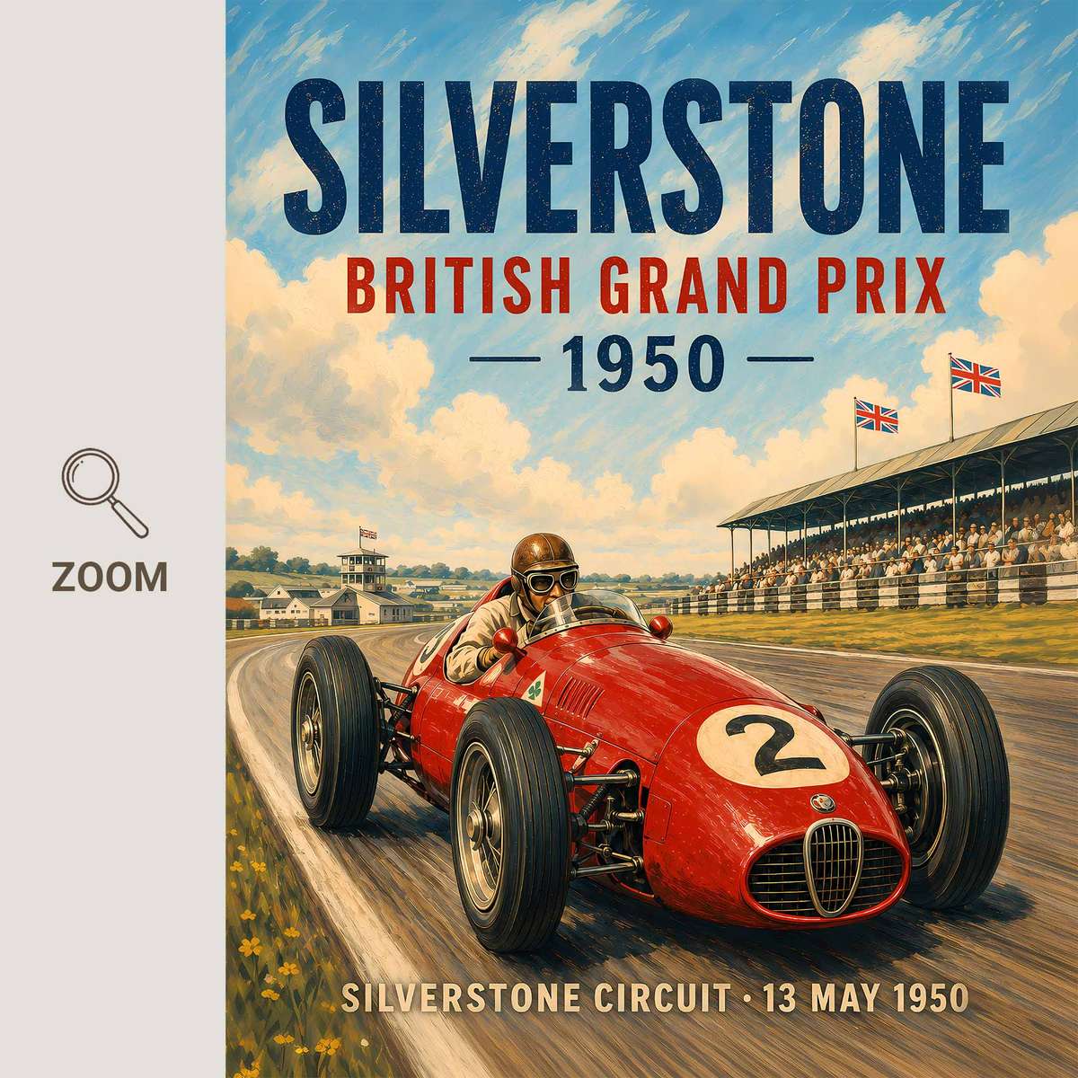 Silver Stone Grand Prix painting combining racing lines with dramatic circuit energy inspired by british gp 1950 in a dynamic composition
