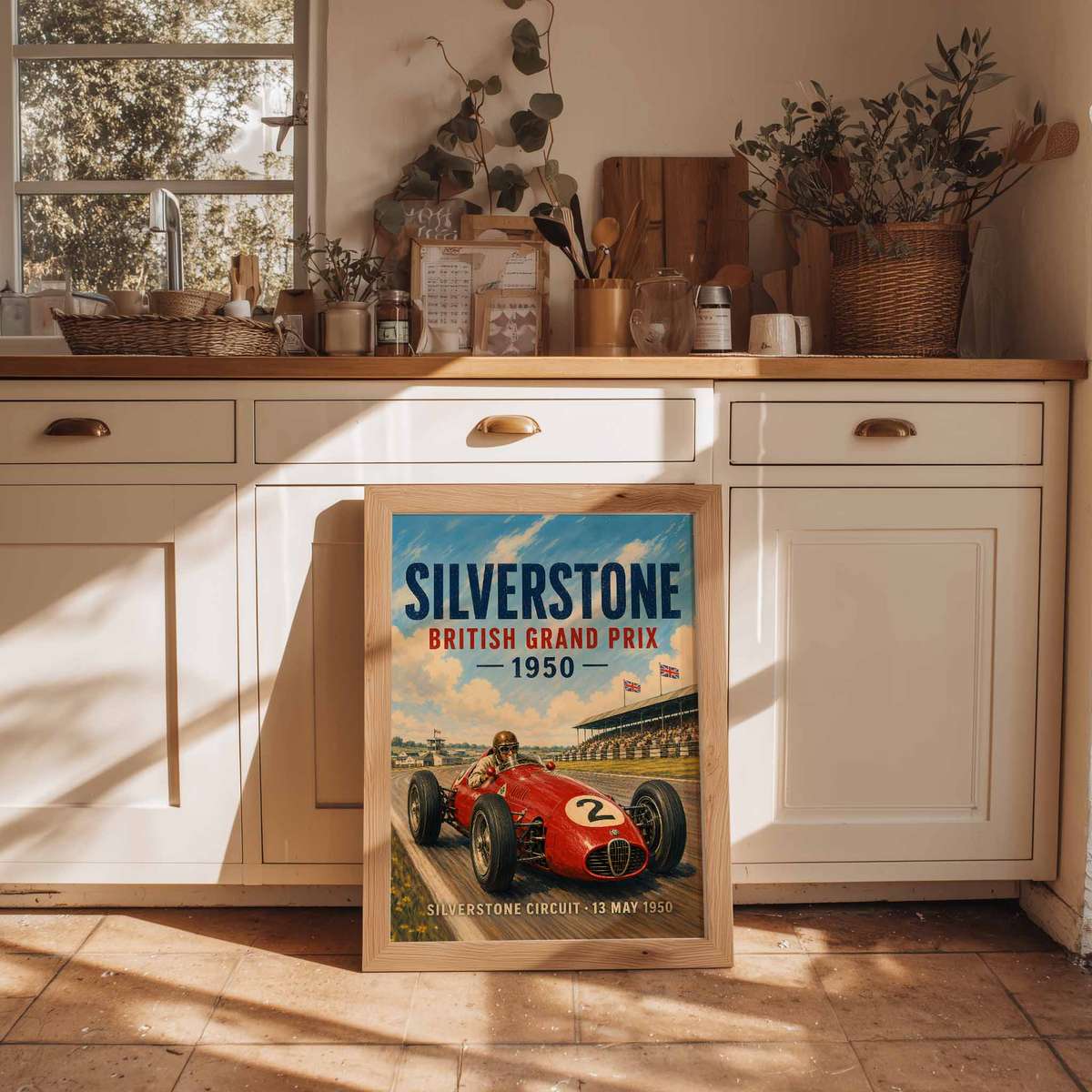 Silver Stone Grand Prix painting combining mechanical detail and competitive motion inspired by british gp 1950 in a technical composition