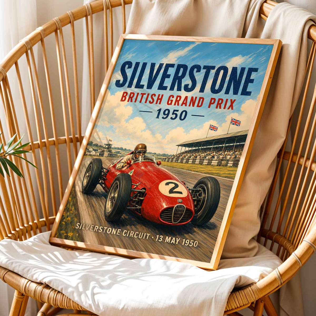 Silver Stone Grand Prix painting combining racing lines with dramatic circuit energy inspired by british gp 1950 in a fast-paced composition