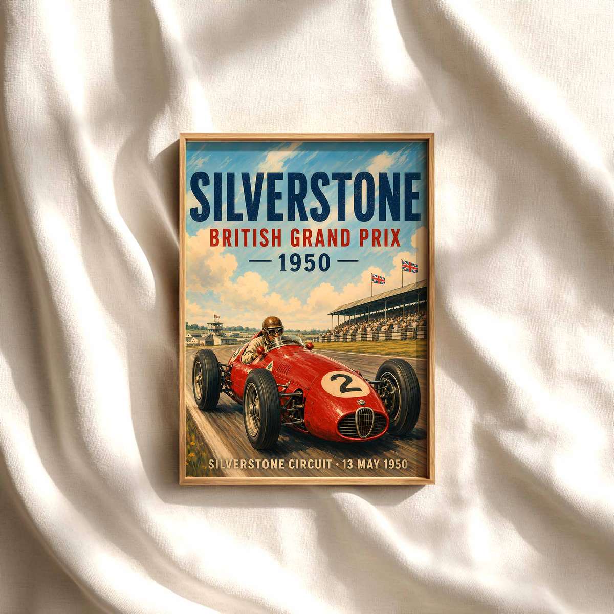 Silver Stone Grand Prix decorative print featuring race action framed by a bold circuit atmosphere for motorcycle fans