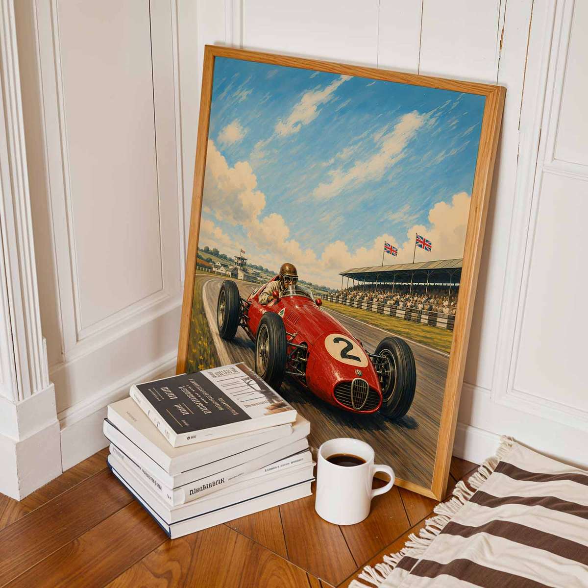 Classic Silverstone Grand Prix poster featuring race action framed by a bold circuit atmosphere inspired by art f1