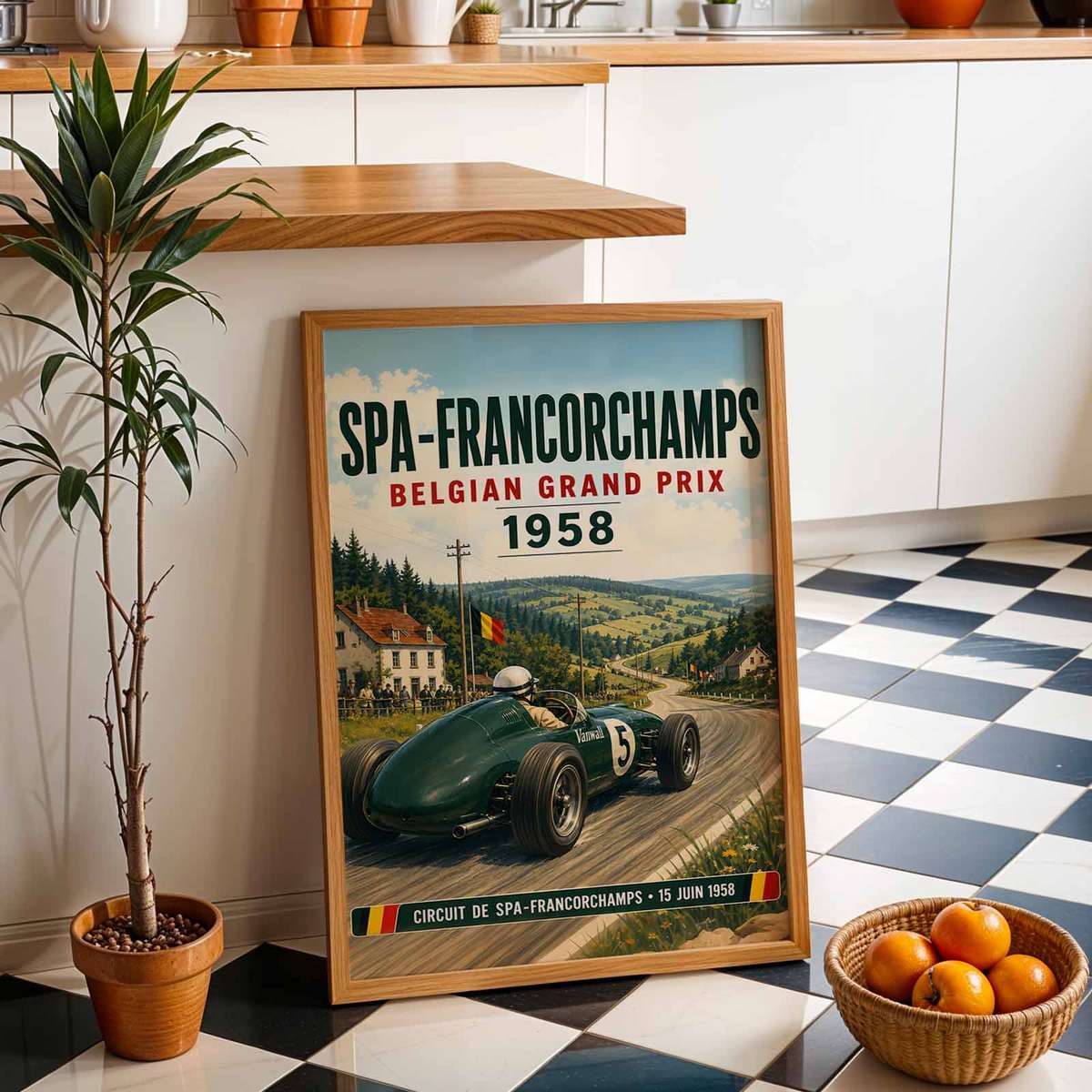 Retro Spa F1 Circuit poster featuring mechanical detail and competitive motion inspired by belgian grand prix 1958
