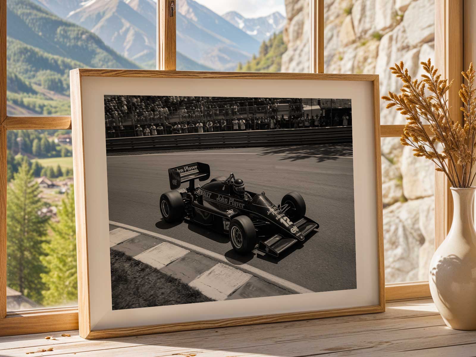 Lotus cornering on the Djeddah circuit rendered as sweeping speed lines and minimalist track markers to convey motion