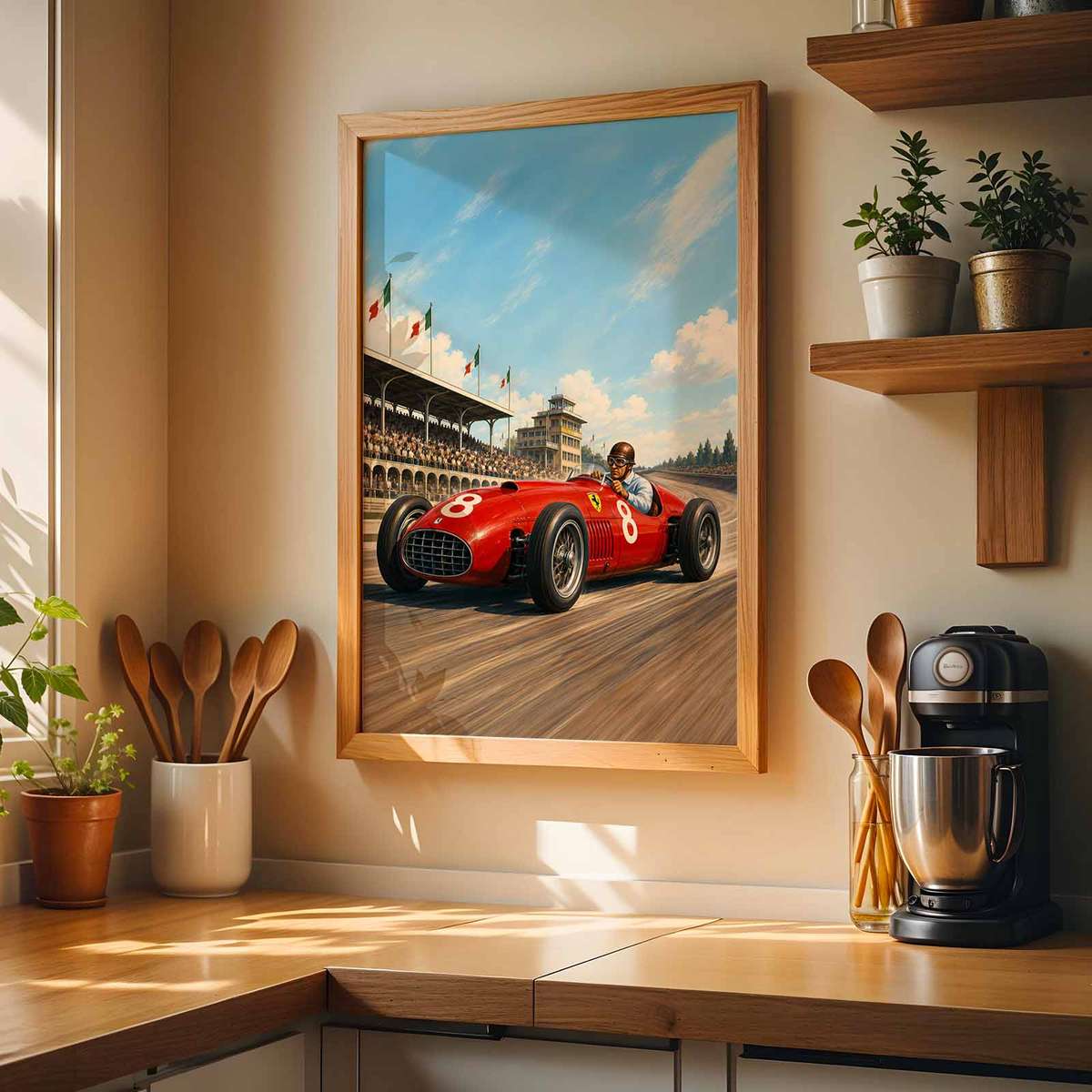 Expressive illustration of Monza Circuit presented through speed-focused composition with trackside detail