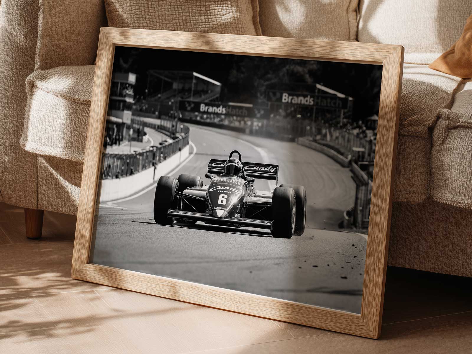 Evocative scene of a Tyrrell F1 poster as a tribute to racing culture with nostalgic tones