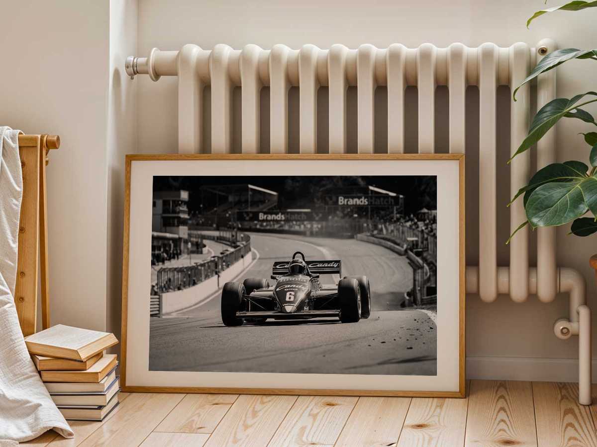 High-contrast silhouette of a Tyrrell against a stylized sky, graphic shapes and negative space creating decorative drama