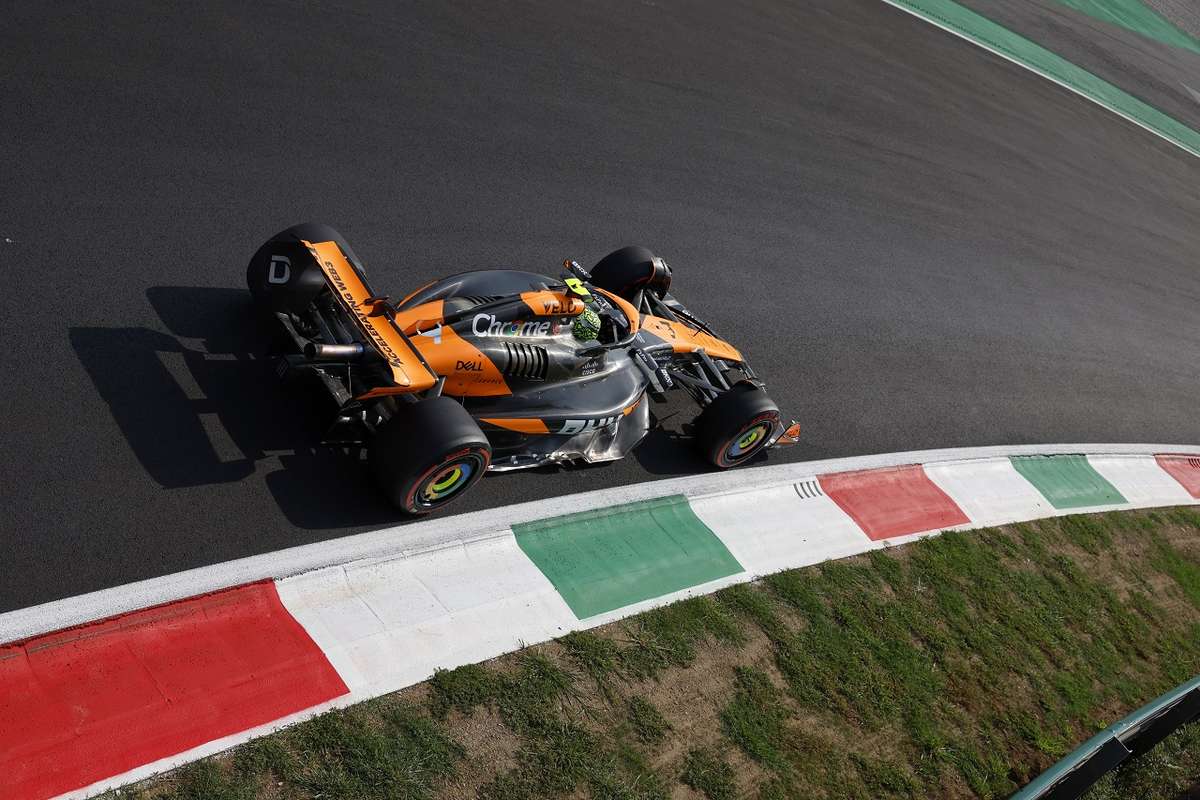 Close-up of cars braking hard into the La Roggia chicane showing front wing downforce and brake temperature management