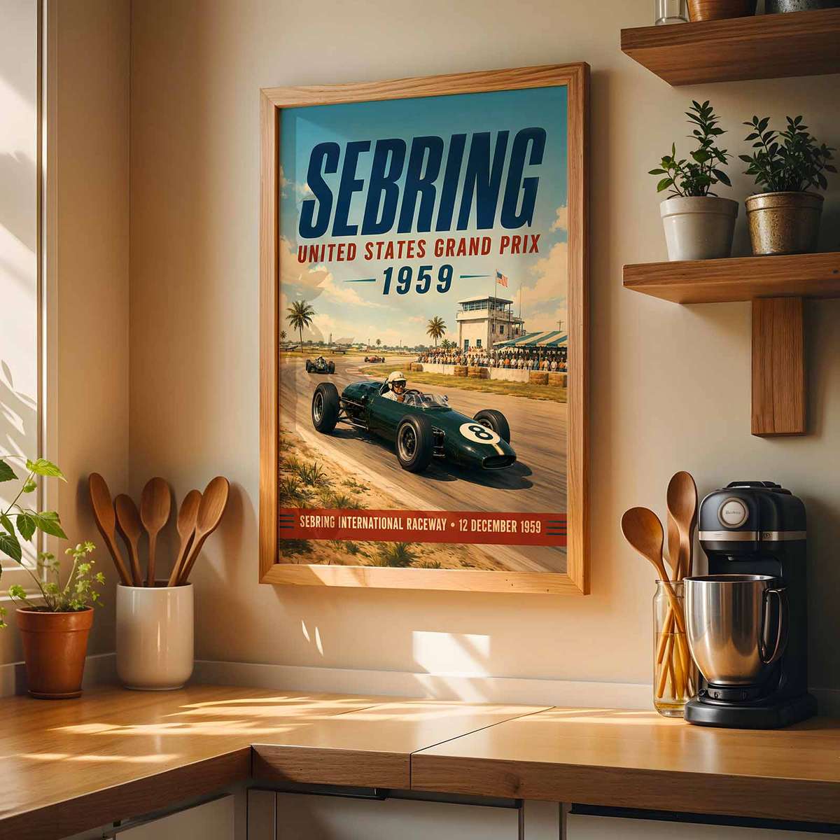 USA Grand Prix wall art showcasing race action framed by a bold circuit atmosphere inspired by sebring 1959 formula 1 and a dramatic visual character