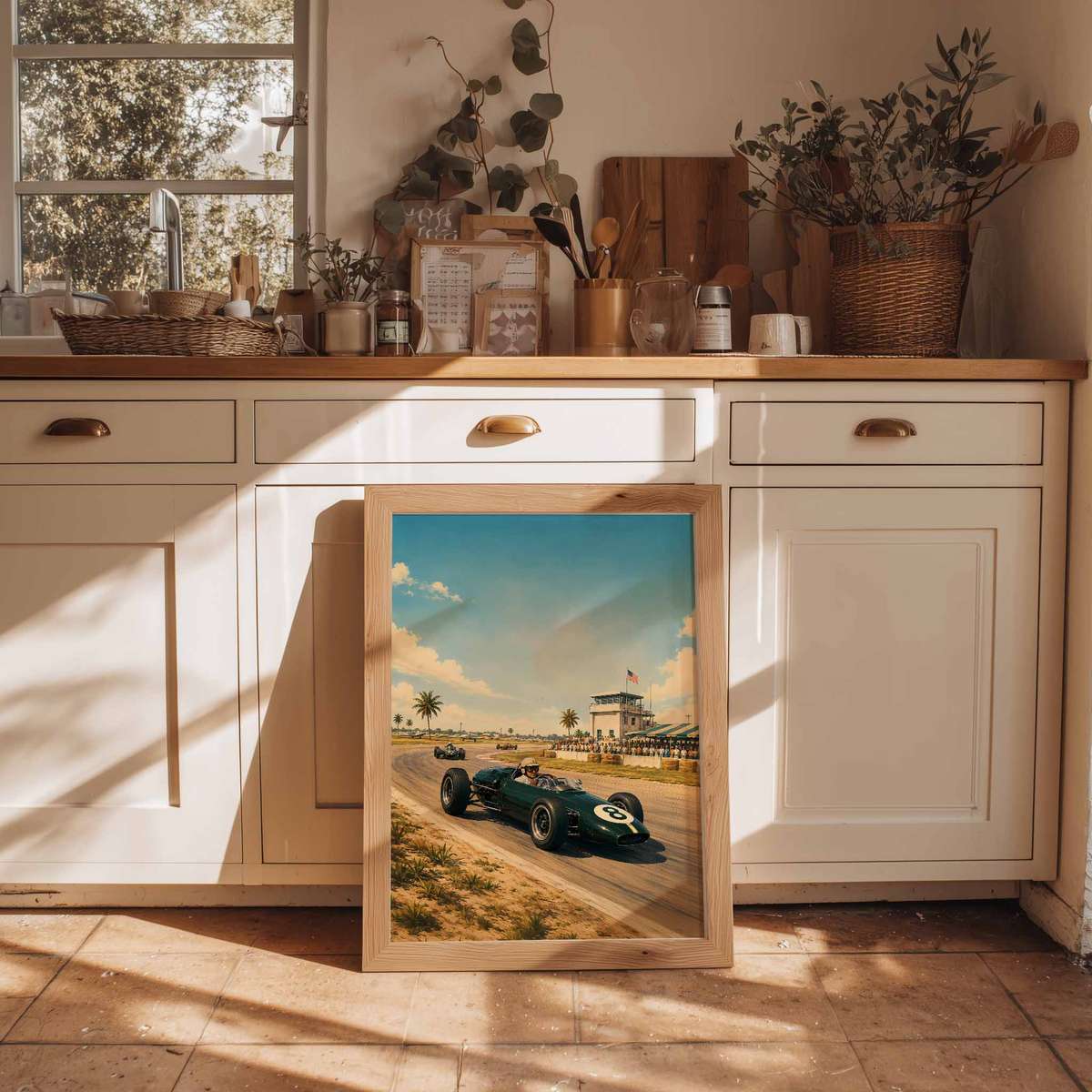 USA Grandprix composition styled as painting and featuring speed-focused composition with trackside detail inspired by sebring 1950s f1 racing