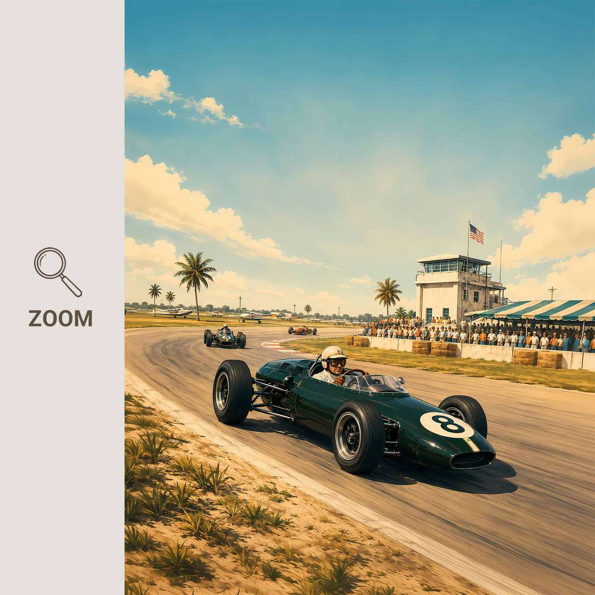 Retro USA Grandprix painting featuring cornering action and dynamic race-day character inspired by sebring 1950s f1 racing
