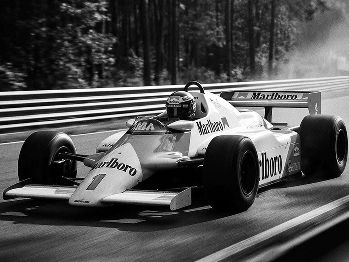 Illustrated F1 racer in a triumphant victory pose, arms raised with stylized motion lines
