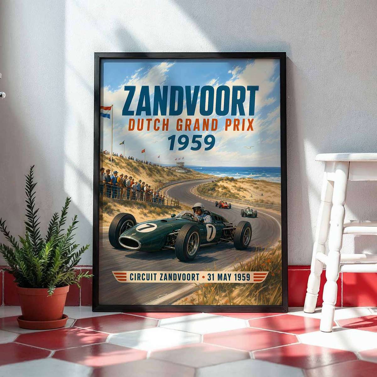 Dutch GP poster combining cornering action and dynamic race-day character in a bold composition