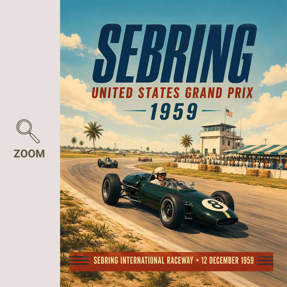 F1 decorative print featuring race action framed by a bold circuit atmosphere for track-day admirers