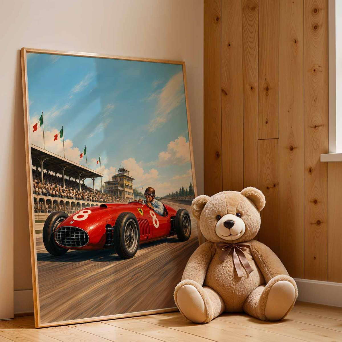 Gallery-style F1 Retro artwork with vintage details for gaming room decor