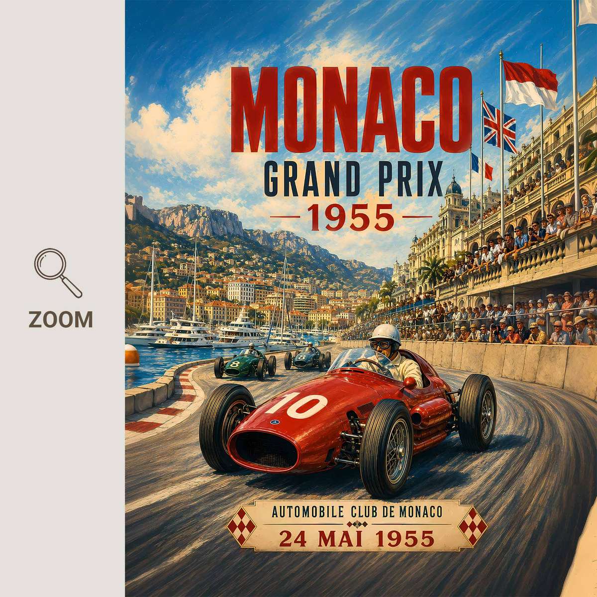 Gallery-style F1 artwork with vintage details for gaming room decor