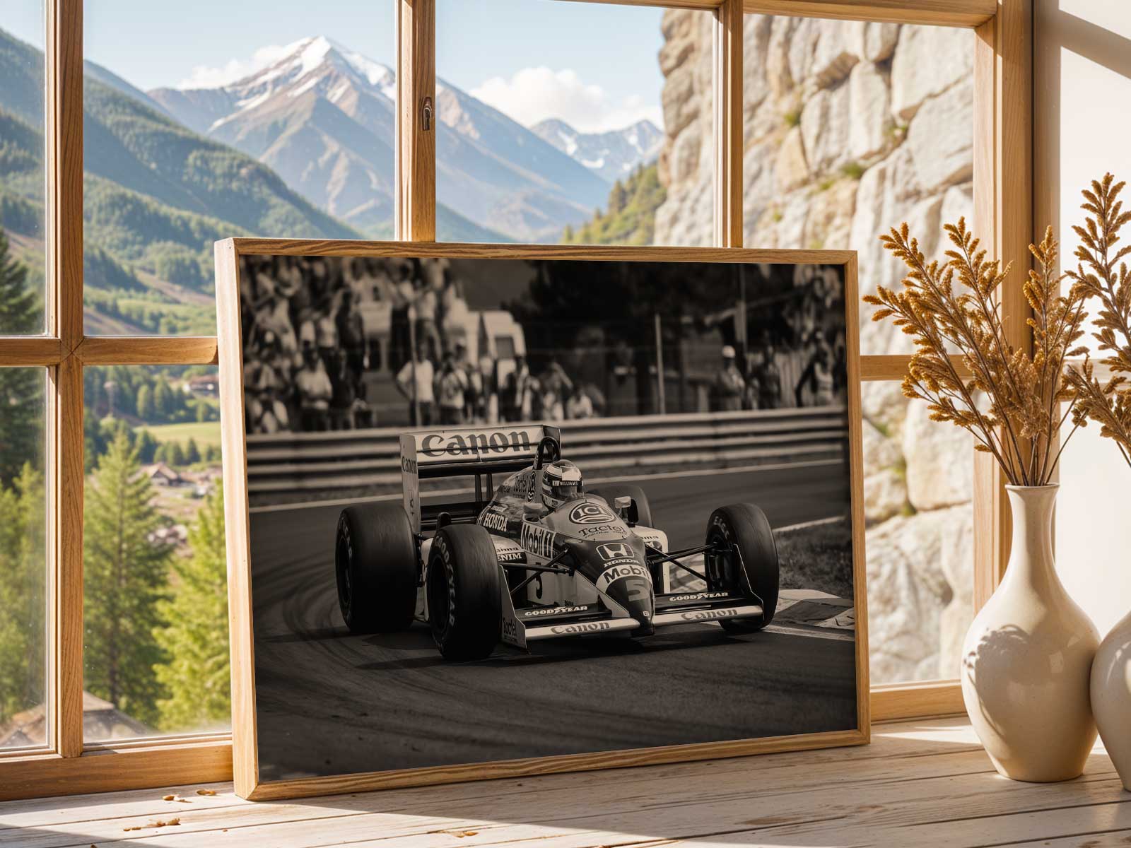 Williams FW11 captured on track with motion blur and vintage processing to evoke speed and historical resonance